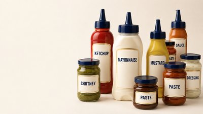 Assorted condiment bottles and sauces
